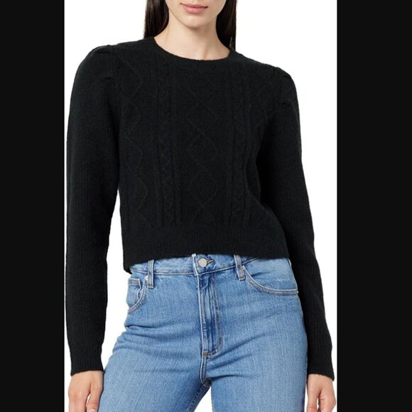 NWT THE DROP SZ L Women's Gloria Puff Sleeve Cable-Knit Sweater in Black - Picture 1 of 11